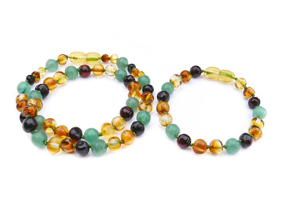 MULTICOLOR BALTIC AMBER NECKLACE/BRACELET SET WITH AVENTURINE