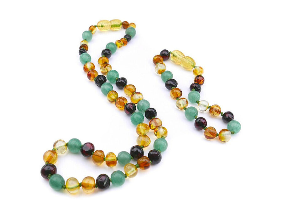 MULTICOLOR BALTIC AMBER NECKLACE/BRACELET SET WITH AVENTURINE