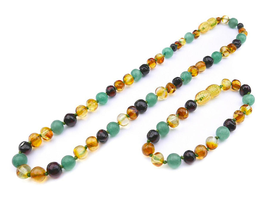 MULTICOLOR BALTIC AMBER NECKLACE/BRACELET SET WITH AVENTURINE