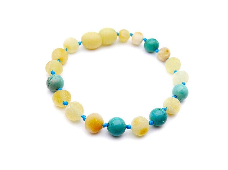 RAW BUTTERSCOTCH BALTIC AMBER TEETHING BRACELET / ANKLET WITH TURQUOISE BEADS