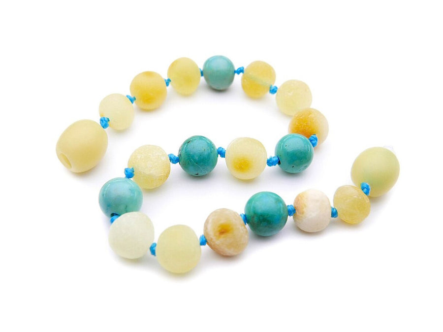 RAW BUTTERSCOTCH BALTIC AMBER TEETHING BRACELET / ANKLET WITH TURQUOISE BEADS