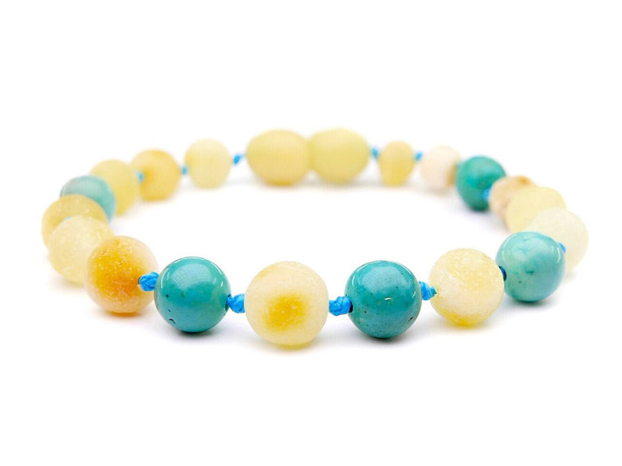 RAW BUTTERSCOTCH BALTIC AMBER TEETHING BRACELET / ANKLET WITH TURQUOISE BEADS