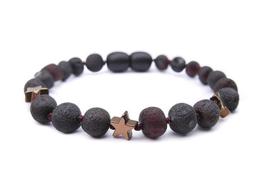 RAW DARK CHERRY BALTIC AMBER BRACELET / ANKLET WITH HEMATITE STAR BEADS