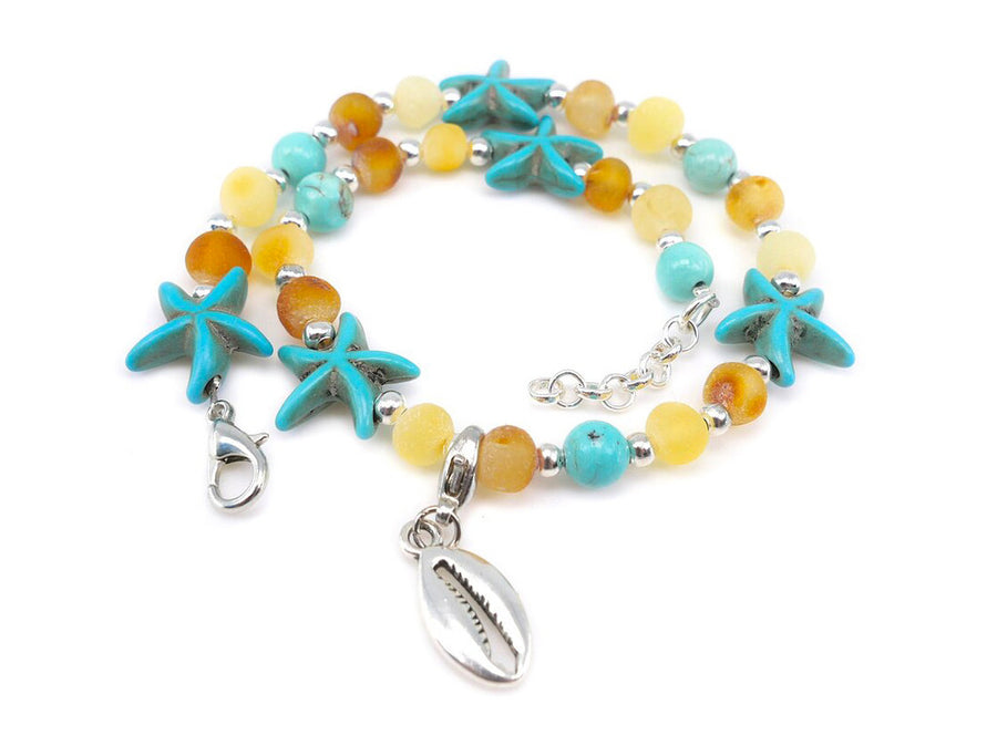 ADJUSTABLE MULTICOLOR BALTIC AMBER ADULT ANKLET WITH TURQUOISE