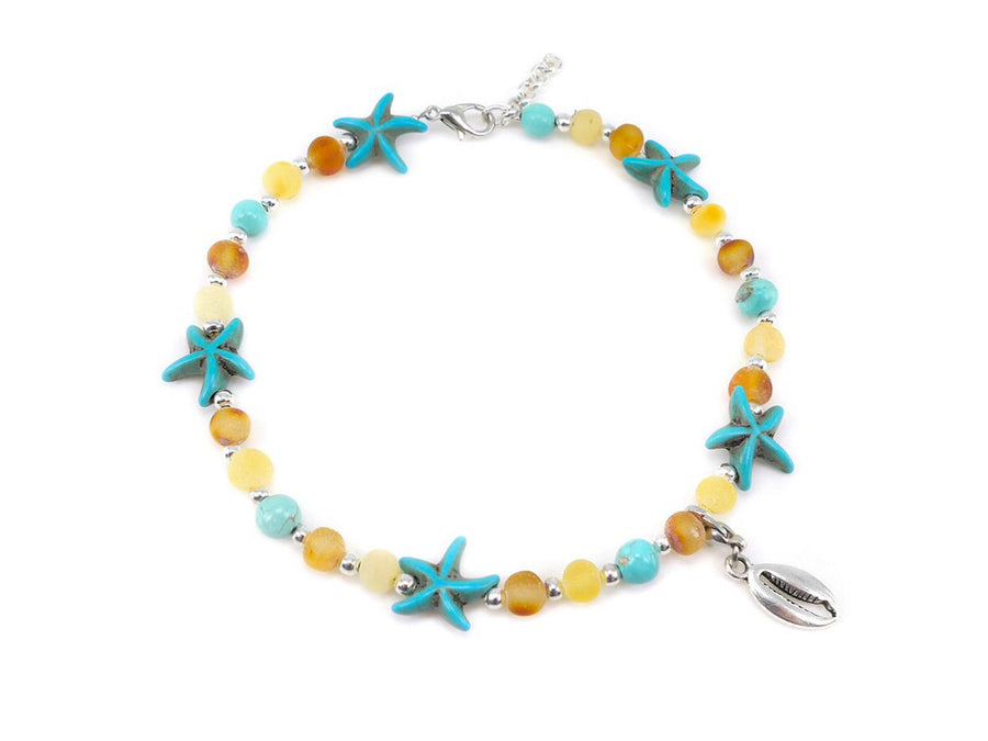 ADJUSTABLE MULTICOLOR BALTIC AMBER ADULT ANKLET WITH TURQUOISE