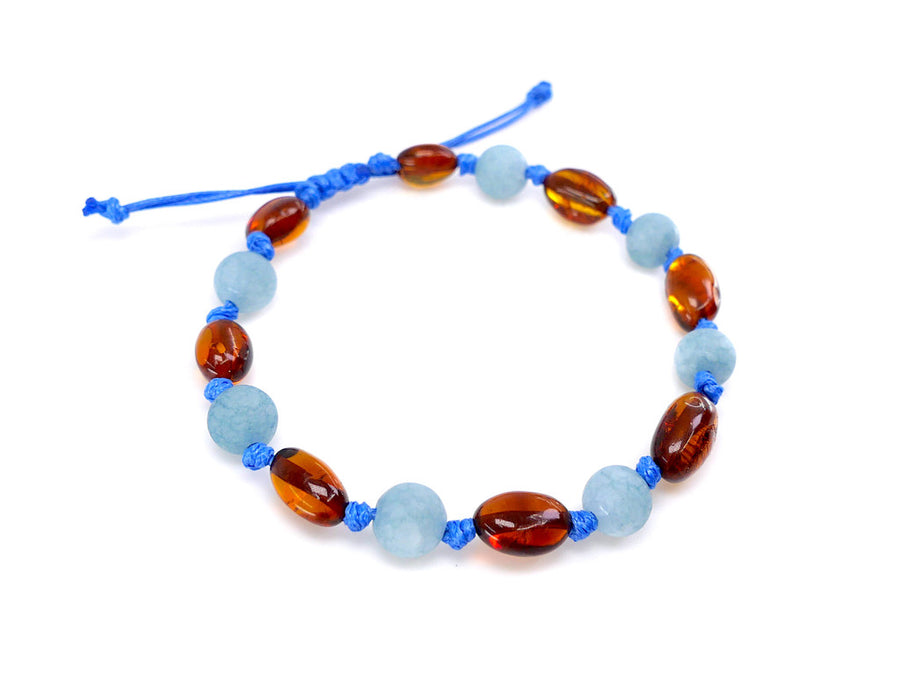 ADJUSTABLE COGNAC BALTIC AMBER BRACELET / ANKLET WITH BLUE AQUAMARINE