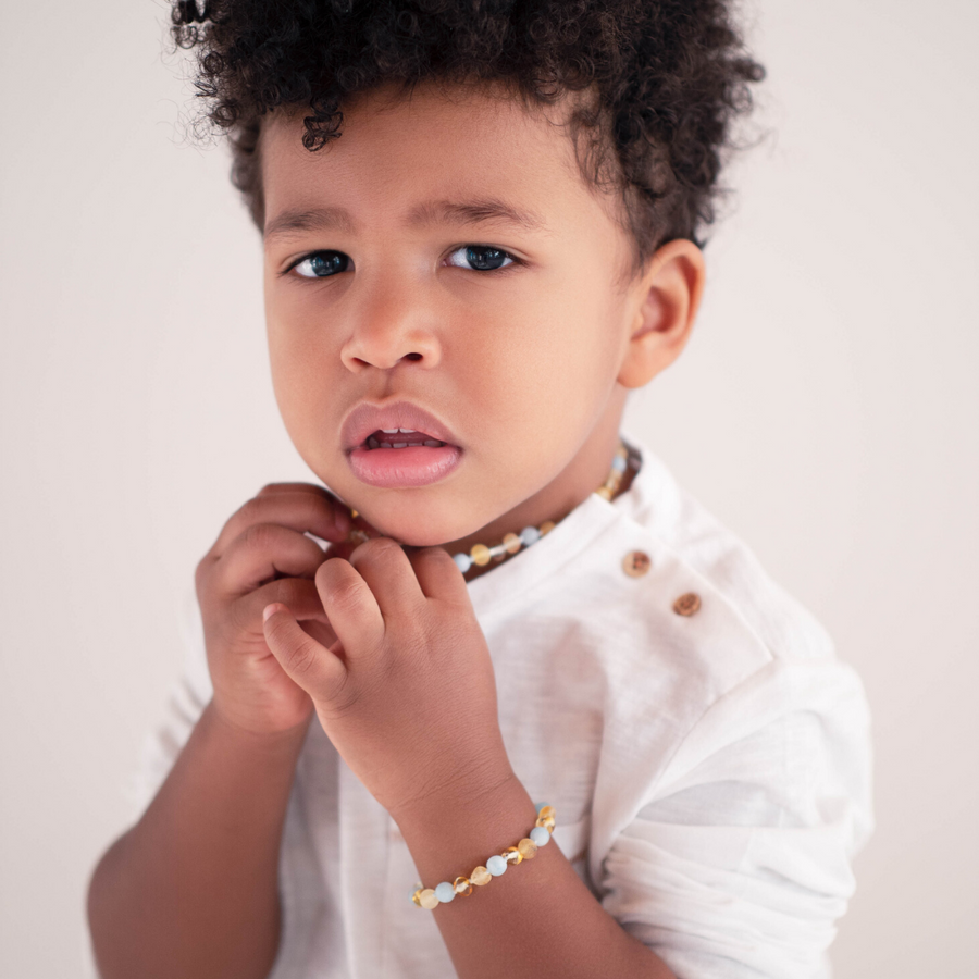 HONEY BALTIC AMBER TEETHING BRACELET / ANKLET WITH BLUE AQUAMARINE BEADS