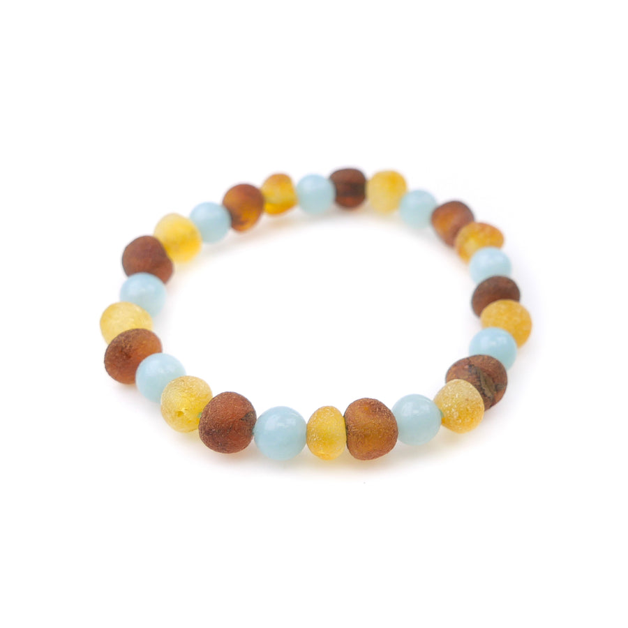 STRETCH MULTICOLOR BALTIC AMBER ANKLET FOR INFANT WITH BLUE AQUAMARINE