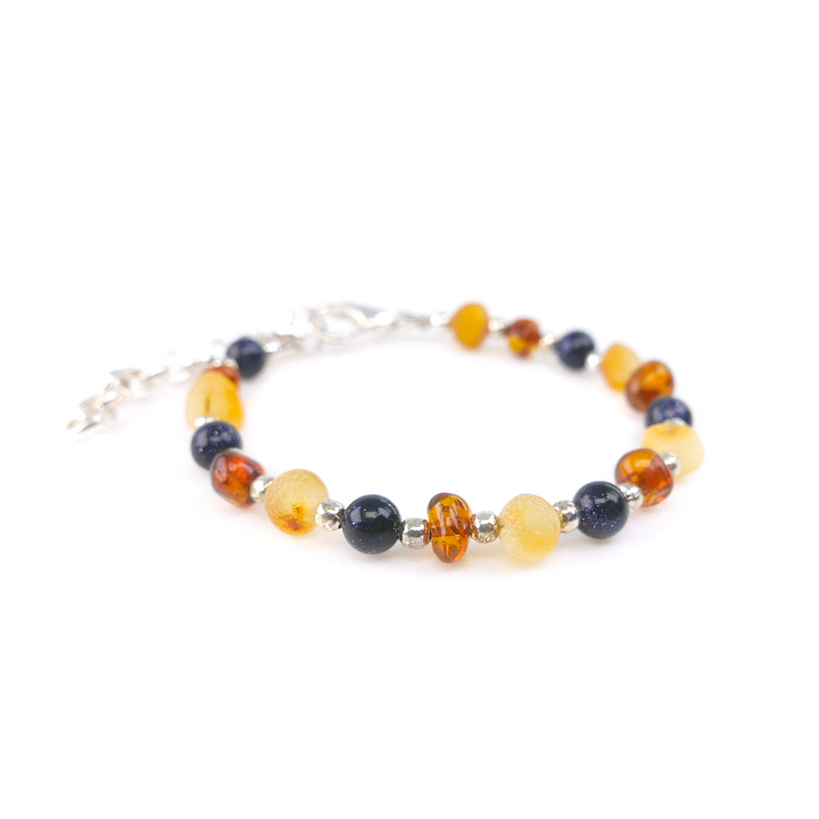 ADJUSTABLE MULTICOLOR BALTIC AMBER BRACELET / ANKLET WITH BLUE SANDSTONE