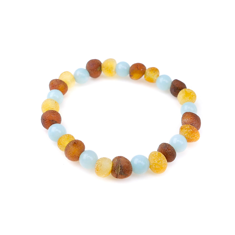 STRETCH MULTICOLOR BALTIC AMBER ANKLET FOR INFANT WITH BLUE AQUAMARINE