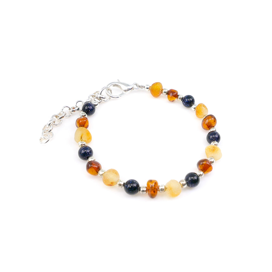 ADJUSTABLE MULTICOLOR BALTIC AMBER BRACELET / ANKLET WITH BLUE SANDSTONE