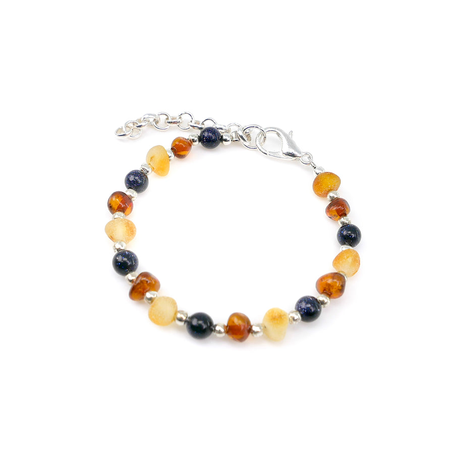 ADJUSTABLE MULTICOLOR BALTIC AMBER BRACELET / ANKLET WITH BLUE SANDSTONE