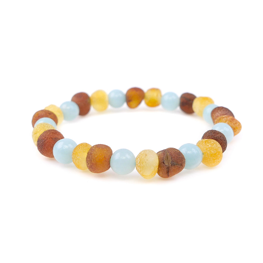 STRETCH MULTICOLOR BALTIC AMBER ANKLET FOR INFANT WITH BLUE AQUAMARINE