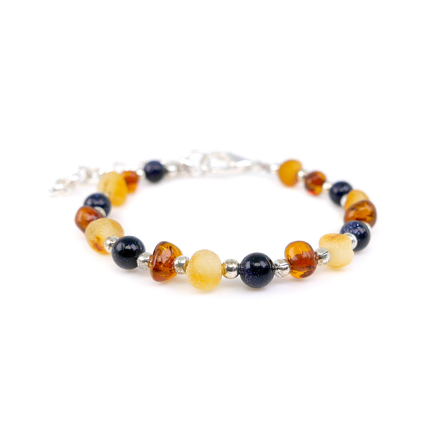 ADJUSTABLE MULTICOLOR BALTIC AMBER BRACELET / ANKLET WITH BLUE SANDSTONE