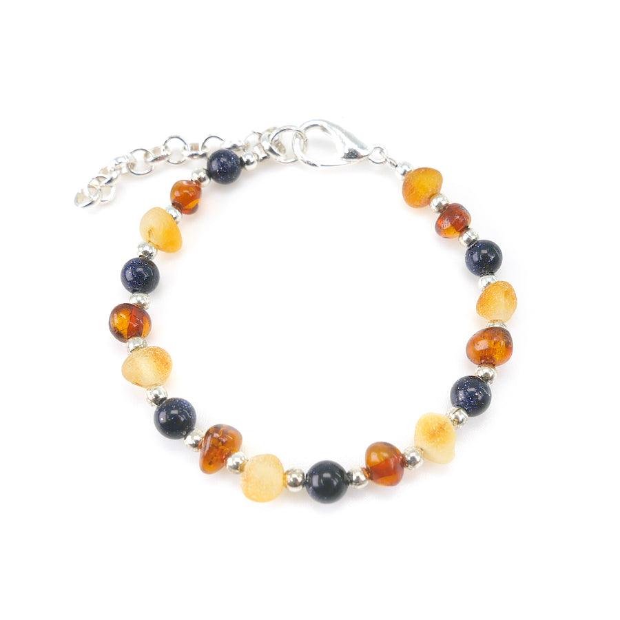 ADJUSTABLE MULTICOLOR BALTIC AMBER BRACELET / ANKLET WITH BLUE SANDSTONE