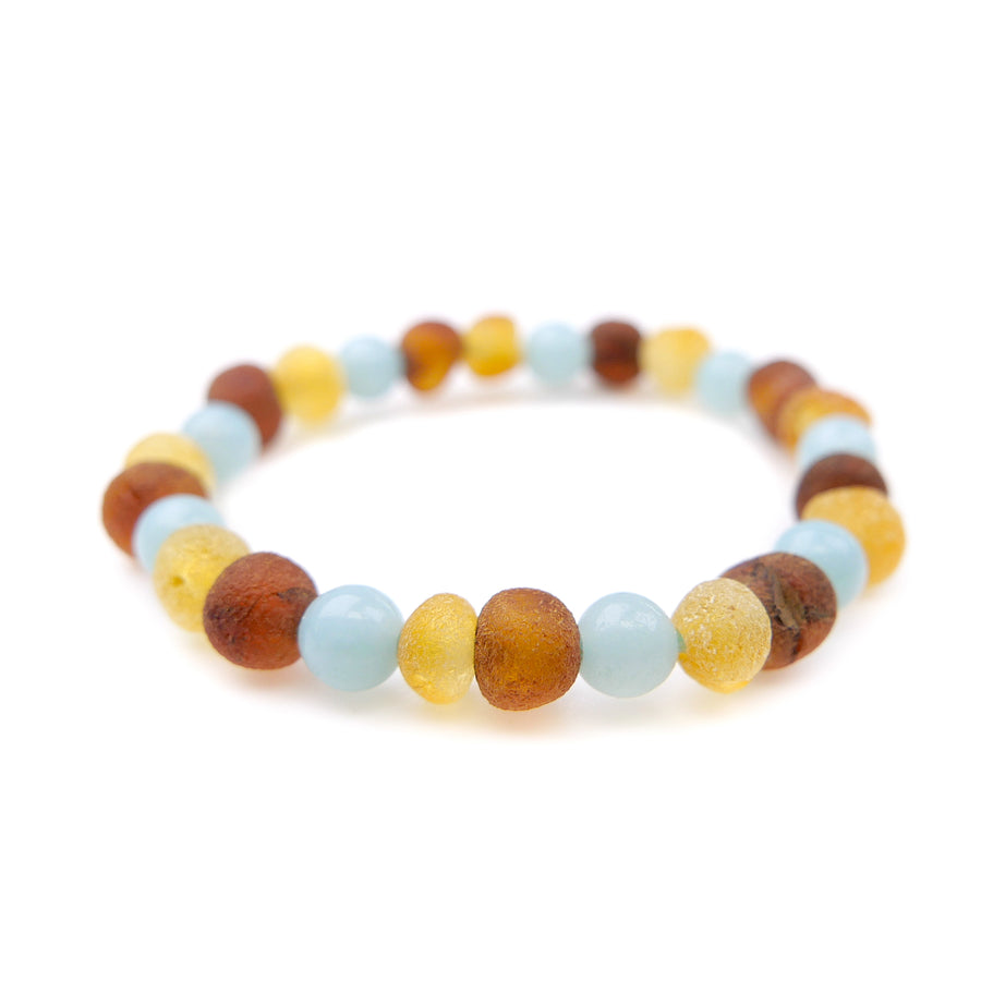 STRETCH MULTICOLOR BALTIC AMBER ANKLET FOR INFANT WITH BLUE AQUAMARINE