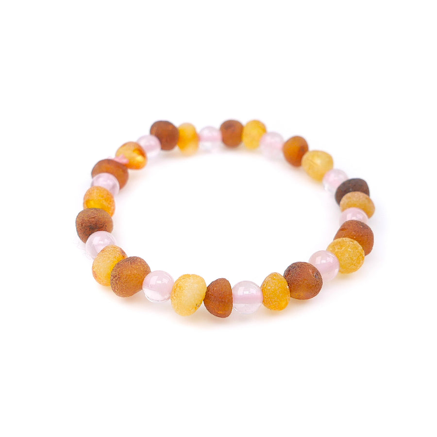 STRETCH MULTICOLOR BALTIC AMBER ANKLET FOR INFANT WITH ROSE QUARTZ