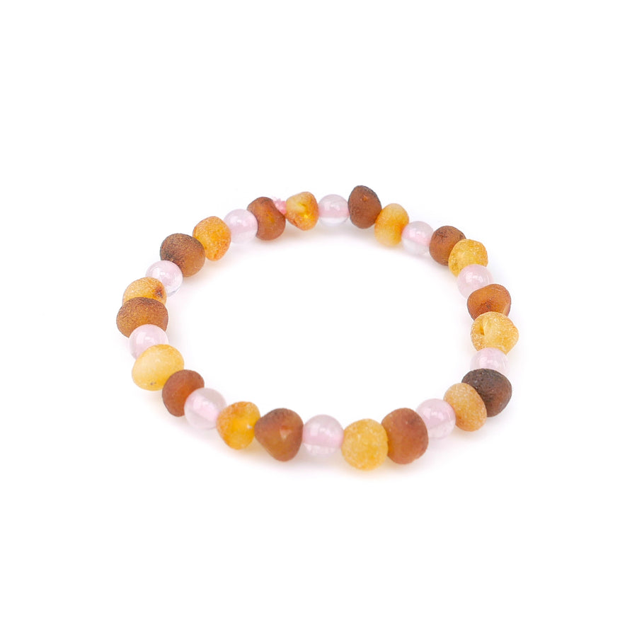 STRETCH MULTICOLOR BALTIC AMBER ANKLET FOR INFANT WITH ROSE QUARTZ