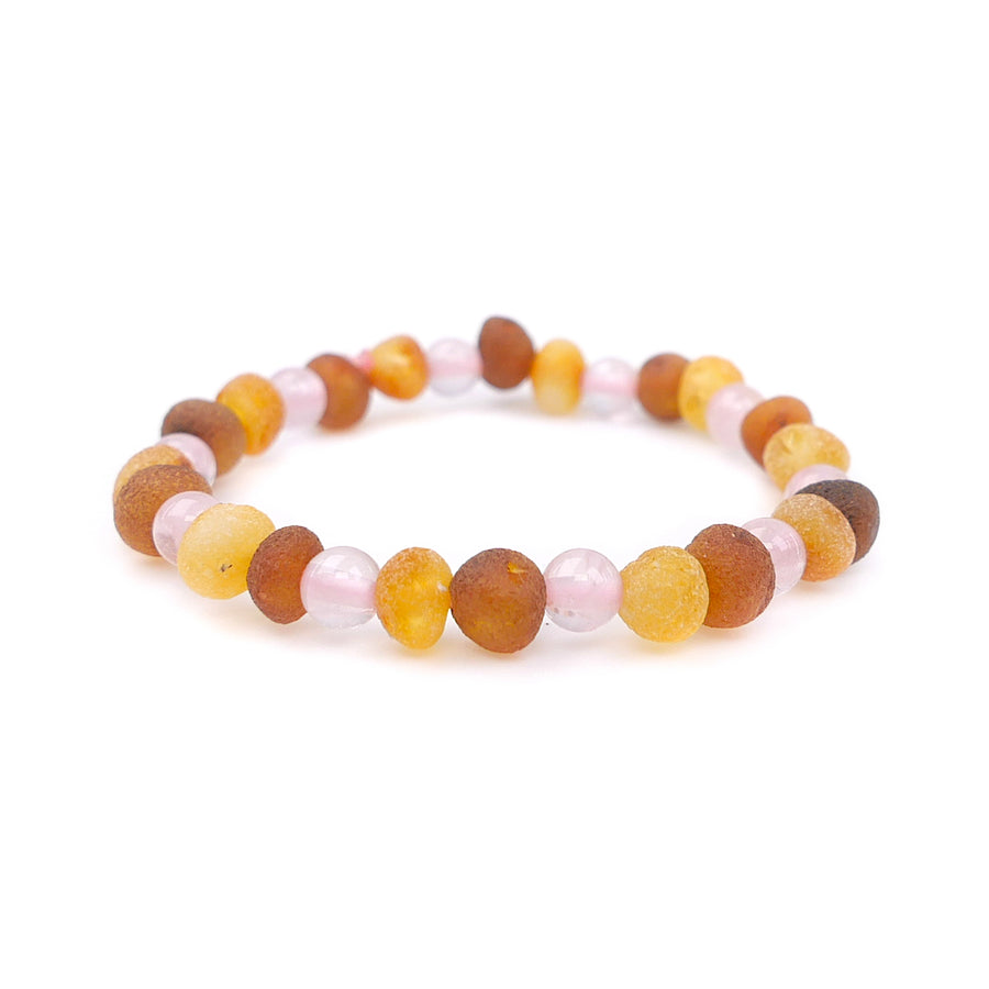 STRETCH MULTICOLOR BALTIC AMBER ANKLET FOR INFANT WITH ROSE QUARTZ