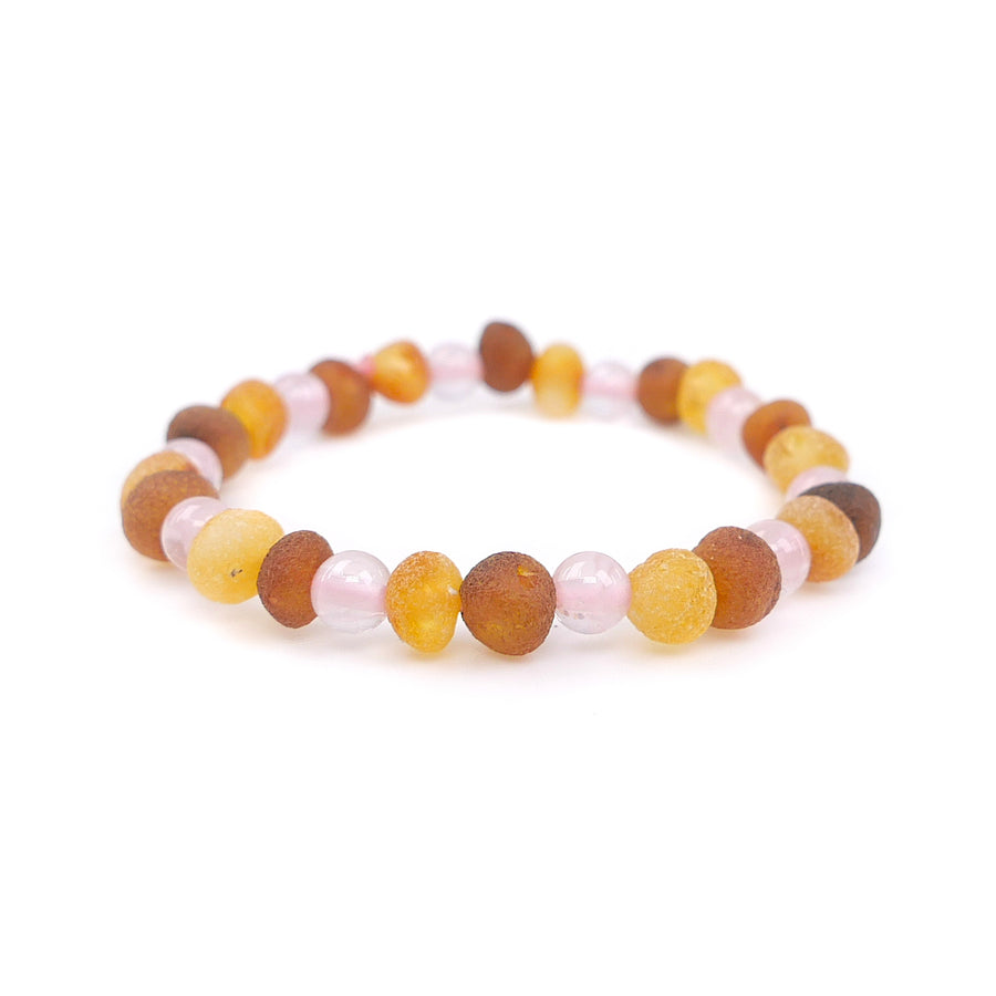 STRETCH MULTICOLOR BALTIC AMBER ANKLET FOR INFANT WITH ROSE QUARTZ