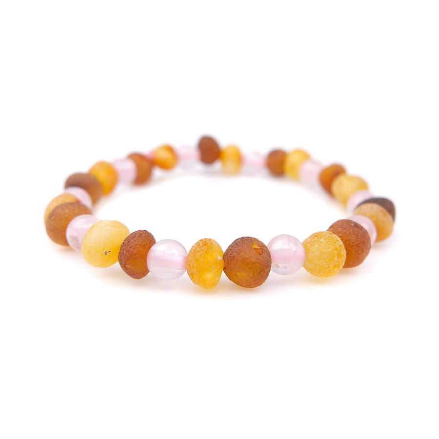 STRETCH MULTICOLOR BALTIC AMBER ANKLET FOR INFANT WITH ROSE QUARTZ